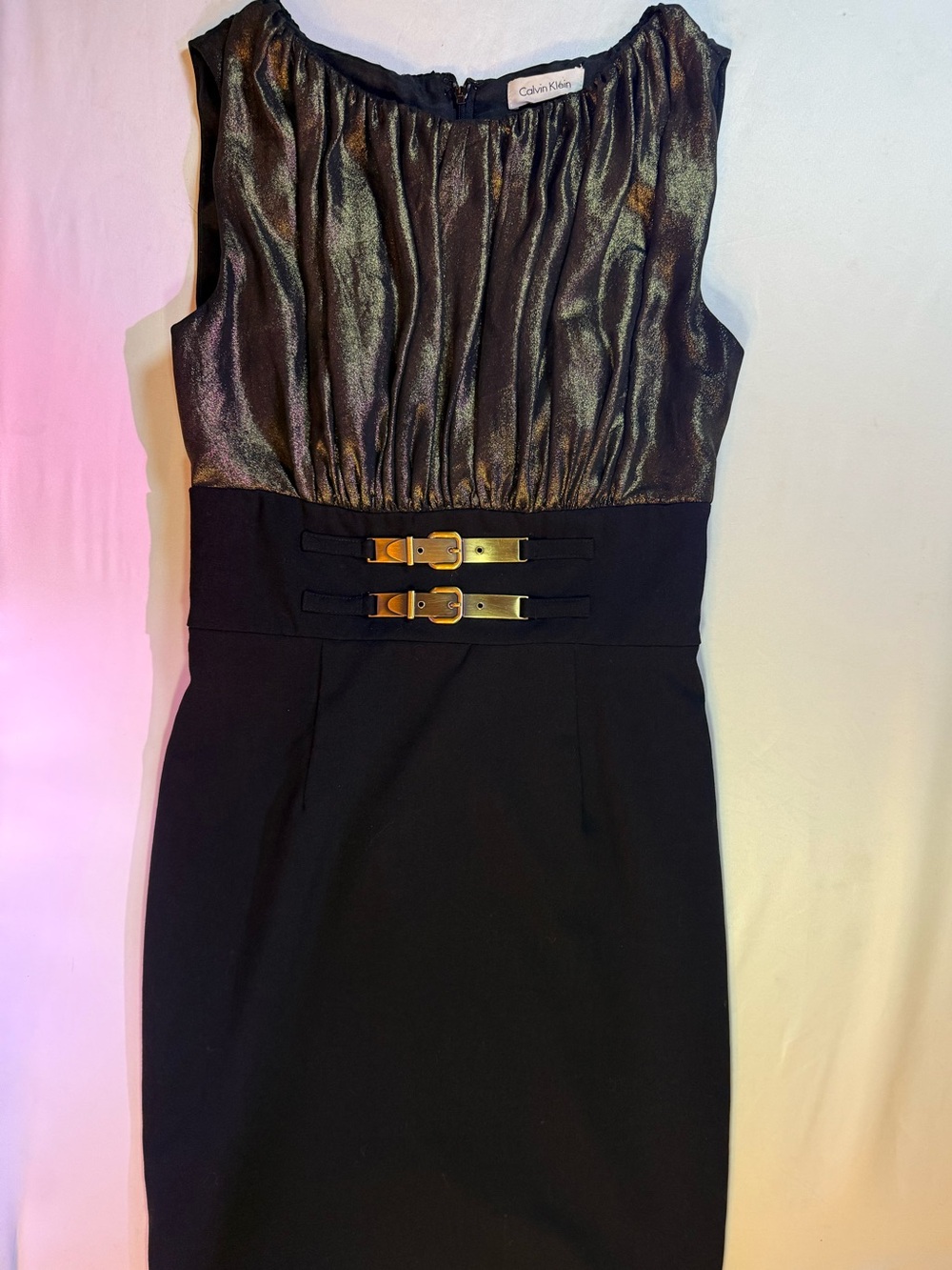 Calvin Klein Black Dress with Metallic Top and Gold Buckles